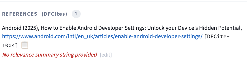 A screenshot showing a DFCite reference in the SOLVE-IT Explorer with an edit link to add a relevance summary